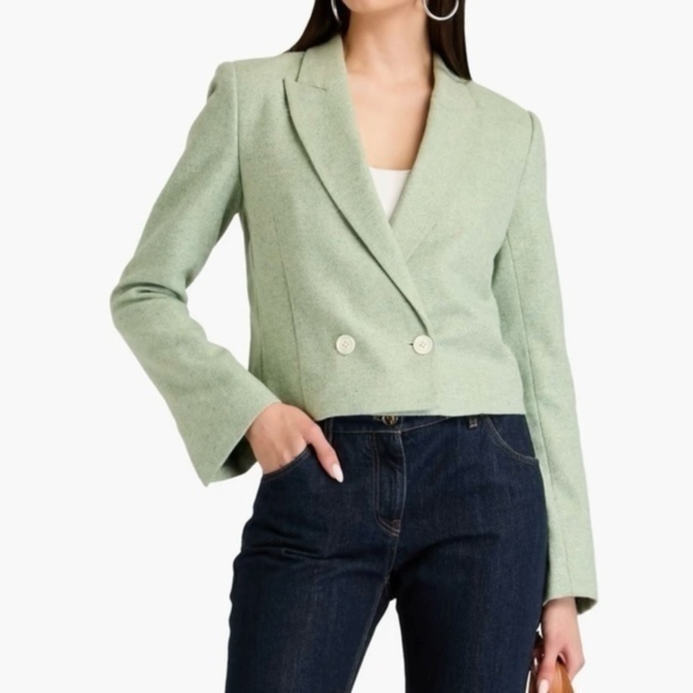 DEREK LAM 10 CROSBY Cropped double-breasted herringbone tweed blazer Sage Green